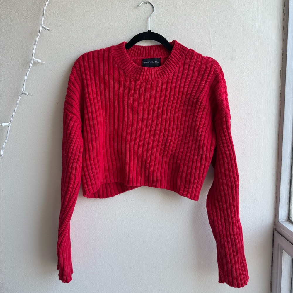 Cotton Candy LA Red Ribbed Cropped Crew Neck Sweater